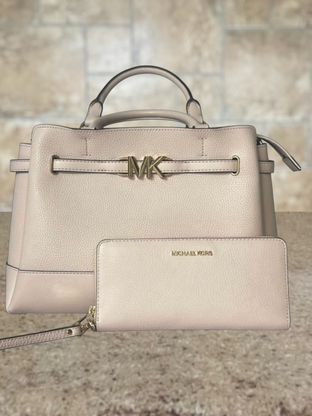 Michael Kors Reed Large CZ Belted Satchel & Matching Wallet Powder Blush Pink